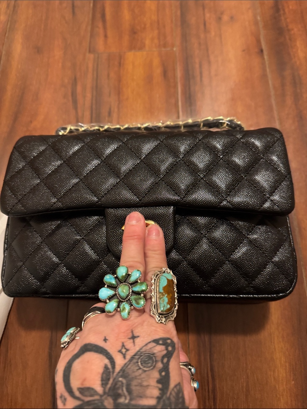 COPY source unknown Black Quilted Shoulder Flap Bag with Gold CC